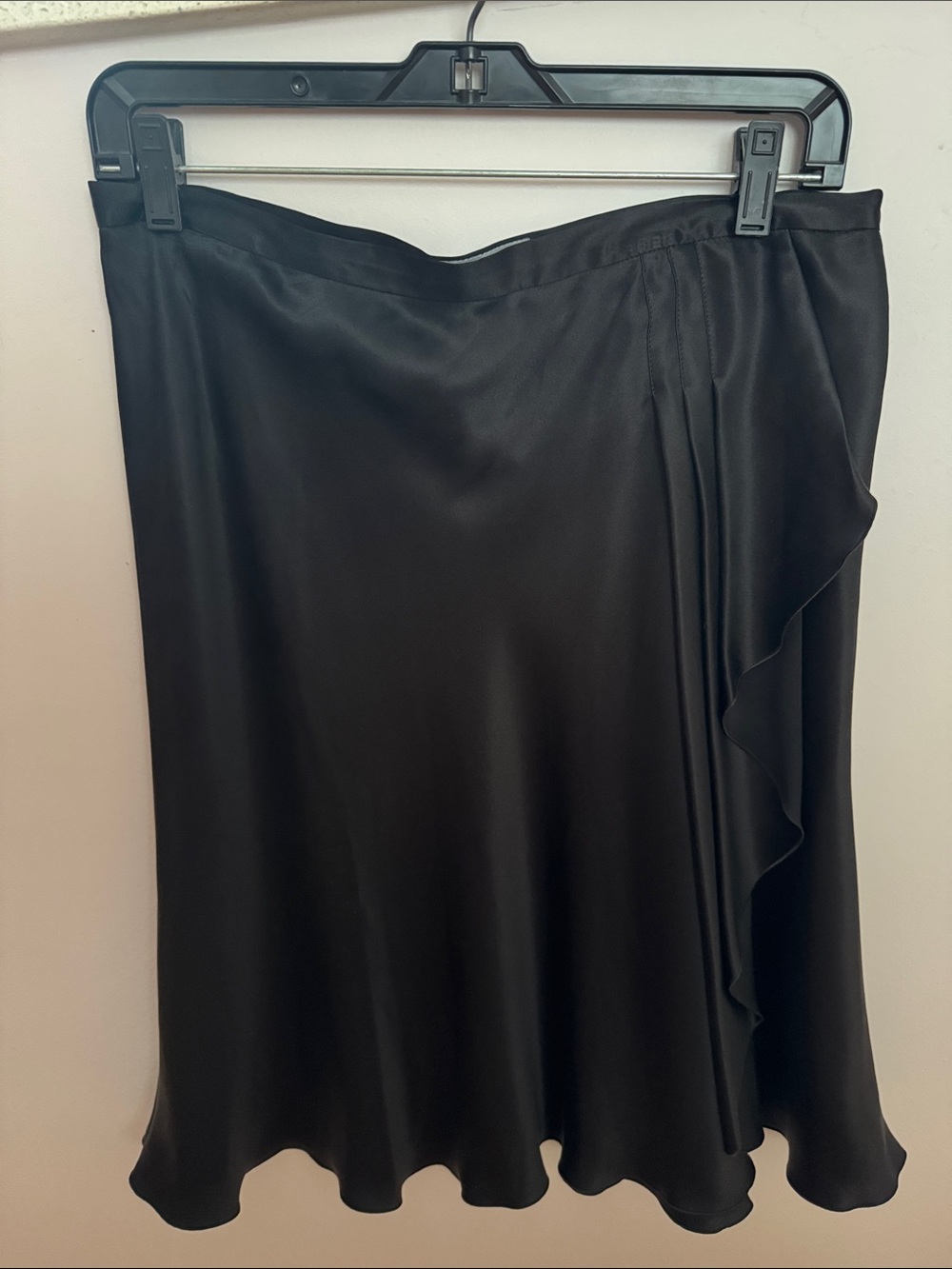 Moschino Black Satin A-Line Skirt with Side Ruffle Detail